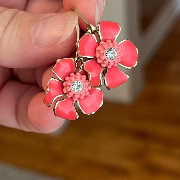 Coral Orange Enamel Floral Drop Earrings Gold Tone - Picture 3 of 12